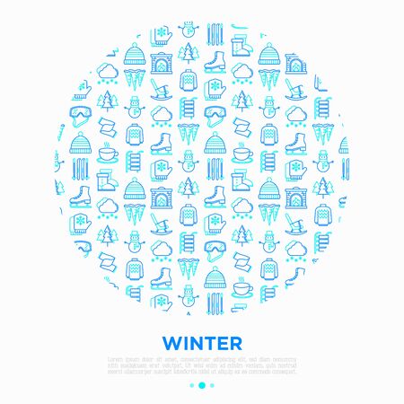Winter concept in circle with thin line icons: fireplace, skates, mittens, snowflake, scarf, snowman, pullover, sledges, rocking chair, skiing, icicle, snowfall. Vector illustration for print media.のイラスト素材