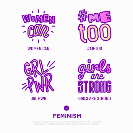 Feminism stickers with quotes: women can, me too, girl power, girls are strong. Thin line icon style. Modern vector illustration.のイラスト素材