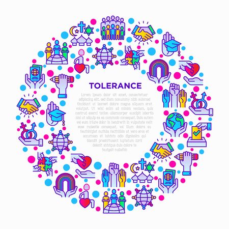 Tolerance concept in circle with thin line icons: gender, racial, religious, sexual orientation, interclass, for disability, respect, self-expression, human rights. Vector illustration for print mediaのイラスト素材