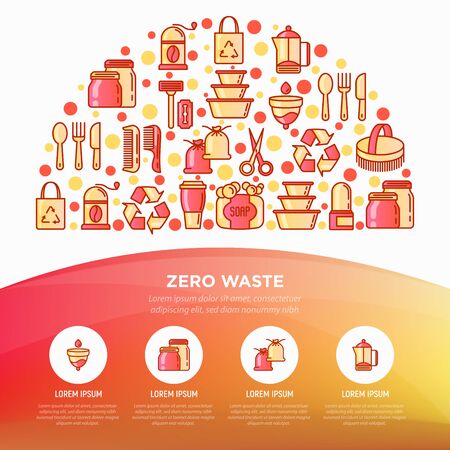 Zero waste concept in half circle with thin line icons: menstrual cup, safety razor, natural deodorant, hand coffee grinder, body brush, wooden comb. Vector illustration, print media template.のイラスト素材