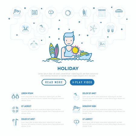 Man on holidays concept with thin line icons: sun, yacht, ice cream, surfing, airplane, lifebuoy. Modern vector illustration, web page template.のイラスト素材