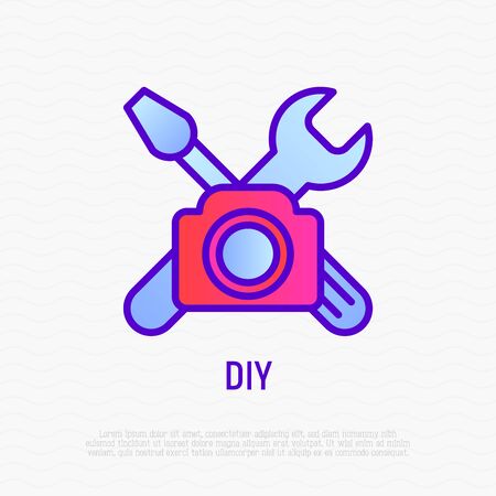 DIY video thin line icon: camera with work tools. Modern vector illustrationのイラスト素材