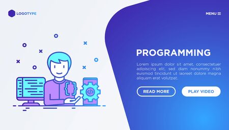 Programming concept with thin line icons: developer is coding program, app testing and optimization. Modern vector illustration, web page template on gradient background.のイラスト素材