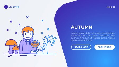 Autumn concept: man in park with mushrooms and maple. Modern vector illustration, web page template.のイラスト素材