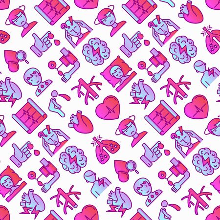 Heart attack symptoms seamless pattern with thin line icons: dizziness, dyspnea, cardiogram, panic attack, weakness, acute pain, cholesterol level, nausea, diabetes. Modern vector illustration.のイラスト素材