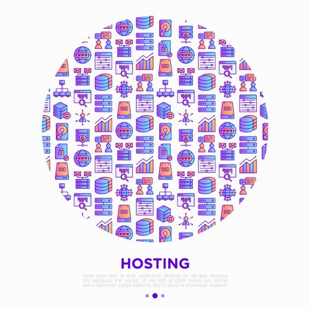 Hosting concept in circle thin line icons: VPS, customer support, domain name, automated backup, SSD, control panel, secure server, local network, SSL. Vector illustration for banner.のイラスト素材