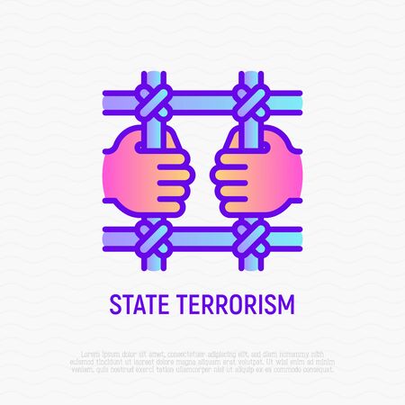 State terrorism thin line icon: illegal imprisonment. Hands holding jail bars. Modern vector illustration.のイラスト素材