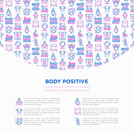 Body positive concept with thin line icons: woman plus size, yoga, bikini, armpit hair, legs hair, mirror, disability. Stickers with quotes. Vector illustration, print media template.のイラスト素材
