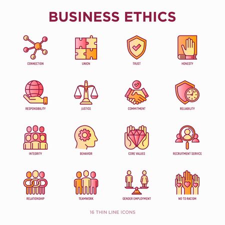 Business ethics thin line icons set: connection, union, trust, honesty, responsibility, justice, commitment, no to racism, teamwork, gender employment, core values. Modern vector illustration.のイラスト素材