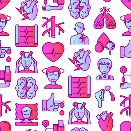 Heart attack symptoms seamless pattern with thin line icons: dizziness, dyspnea, cardiogram, panic attack, weakness, acute pain, cholesterol level, nausea, diabetes. Modern vector illustration.のイラスト素材