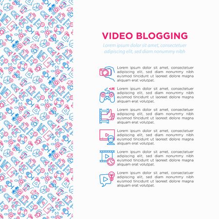 Video blogging concept with thin line icons: vlog, ASMR, mukbang, unboxing, DIY, stream game, review, collaboration, podcast, tips and tricks. Vector illustration, print media template.のイラスト素材