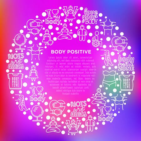 Body positive concept in circle with thin line icons: woman plus size, yoga, bikini, armpit hair, legs hair, mirror, disability. Stickers with quotes. Vector illustration, print media template.のイラスト素材