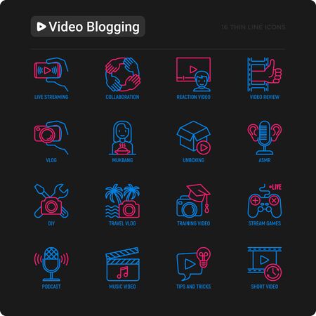 Video blogging thin line icons set: vlog, ASMR, mukbang, unboxing, DIY, stream game, review, collaboration, podcast, tipa and tricks. Modern vector illustration for black theme.のイラスト素材