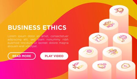 Business ethics concept with thin line isometric icons: union, trust, honesty, responsibility, justice, commitment, no to racism, gender employment, core values. Vector illustration, web page templateのイラスト素材