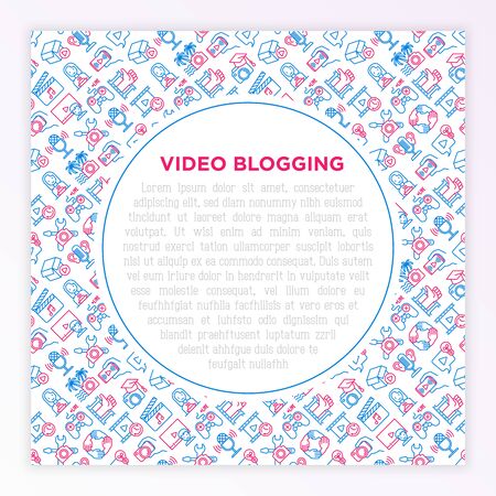 Video blogging concept with thin line icons: vlog, ASMR, mukbang, unboxing, DIY, stream game, review, collaboration, podcast, tips and tricks. Vector illustration, print media template.のイラスト素材