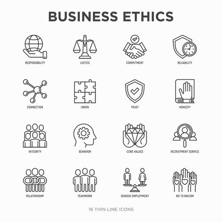 Business ethics thin line icons set: connection, union, trust, honesty, responsibility, justice, commitment, no to racism, recruitment service, teamwork, gender employment. Modern vector illustration.のイラスト素材