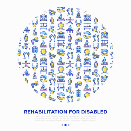 Rehabilitation for disabled concept in circle with thin line icons: magnetic therapy, laser, massage, lymphatic drainage, exoskeleton, cryotherapy, biomechatronics. Vector illustration for banner.のイラスト素材
