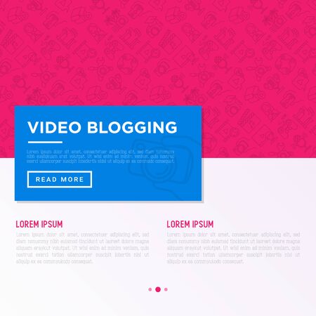 Video blogging concept with thin line icons: vlog, ASMR, mukbang, unboxing, DIY, stream game, review, collaboration, podcast, tips and tricks. Vector illustration, print media template.のイラスト素材