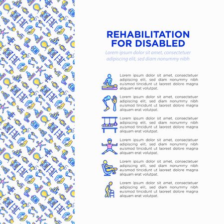 Rehabilitation for disabled concept with thin line icons: magnetic therapy, laser, massage, lymphatic drainage, cryotherapy, biomechatronics, suspension system. Vector illustration, web page template.のイラスト素材