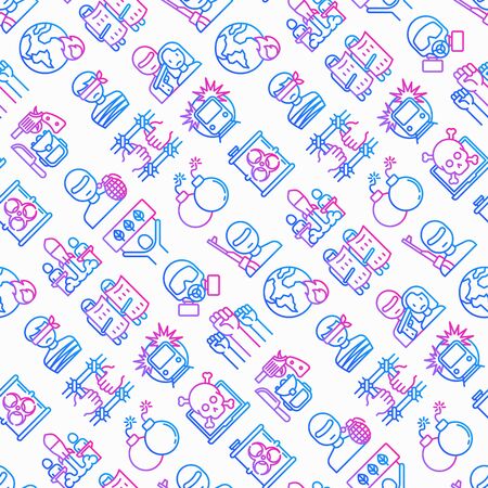 Stop terrorism seamless pattern with thin line icons: terrorist, civil disorder, national army, hostage, cyber attacks, suicide, bomber, illegal imprisonment, bioterrorism. Modern vector illustration.のイラスト素材