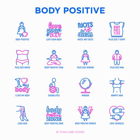 Body positive thin line icons set: woman plus size, yoga, bikini, armpit hair, legs hair, mirror, disability. Stickers with quotes. Modern vector illustration.のイラスト素材