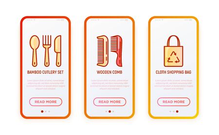 Zero waste thin line icons set: bamboo cutlery set, wooden comb, cloth shopping bag. Modern vector illustration for user mobile interface.のイラスト素材