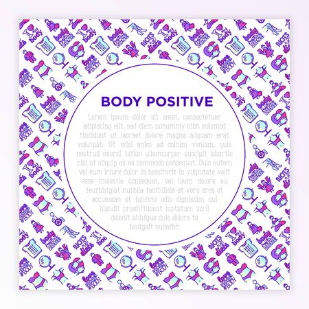 Body positive concept with thin line icons: woman plus size, yoga, bikini, armpit hair, legs hair, mirror, disability. Stickers with quotes. Vector illustration, print media template.のイラスト素材