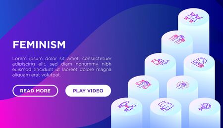 Feminism concept with thin line isometric icons: women's rights, girl power, gender equality, sex dicrimination, me too, protest, girls are strong. Vector illustration, web page template.のイラスト素材