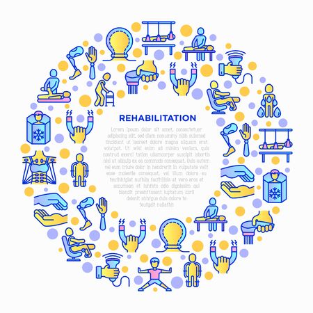 Rehabilitation for disabled concept in circle with thin line icons: magnetic therapy, laser, massage, lymphatic drainage, exoskeleton, cryotherapy. Vector illustration, print media template.のイラスト素材