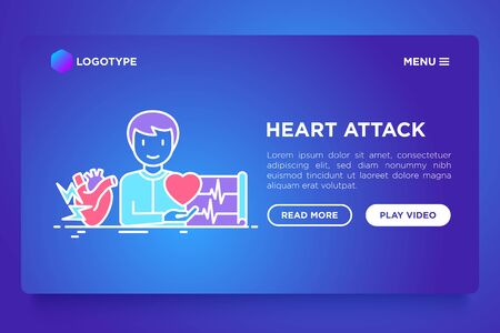 Heart attack symptoms concept: man with cardiogram and heart. Thin line icons. Vector illustration, web page template on gradient background.のイラスト素材