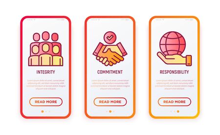 Business ethics thin line icons set: integrity, commitment, responsibility. Modern vector illustration for user mobile interface.のイラスト素材