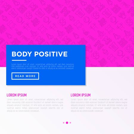 Body positive concept with thin line icons: woman plus size, yoga, bikini, armpit hair, legs hair, mirror, disability. Stickers with quotes. Vector illustration, print media template.のイラスト素材