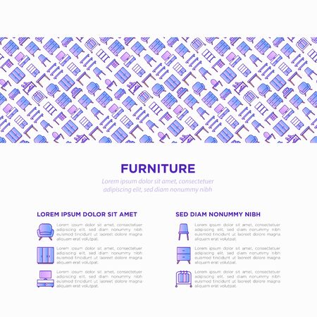 Furniture concept with thin line icons: dressing table, sofa, armchair, wardrobe, chair, table, bookcase, bad, clothes rack, desk. Elements of interior. Vector illustration, print media template.のイラスト素材