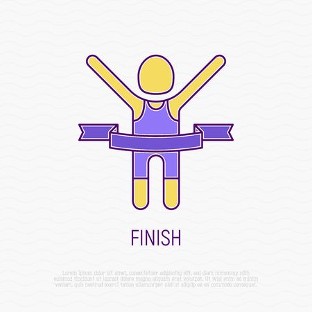 Runner with raised hands at finish tears ribbon. Thin line icon. Modern vector illustration.のイラスト素材