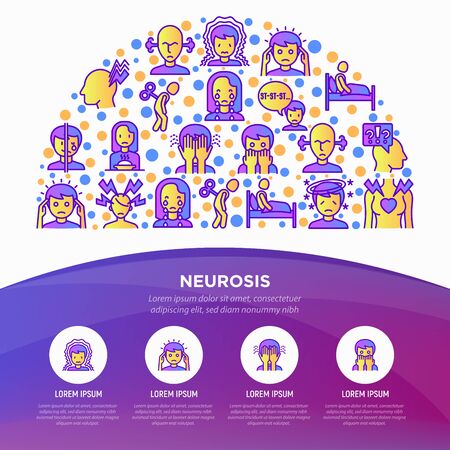 Neurosis concept in half circle with thin line icon: panic attack, headache, fatigue, insomnia, despair, phobia, mood instability, stuttering, psychalgia. Vector illustration, web page template.のイラスト素材