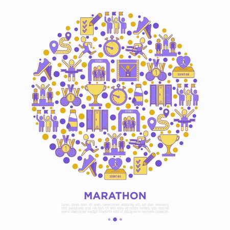 Marathon concept in circle with thin line icons: runner, start, finish, running shoes, bottle of water, route, award, changing room, memory photo, donation, fan zone. Vector illustration.のイラスト素材