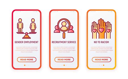 Business ethics thin line icons set: no to racism, recruitment service, gender employment. Vector illustration for user mobile interface.のイラスト素材