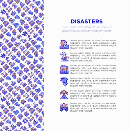 Disasters concept with thin line icons: earthquake, tsunami, tornado, hurricane, flood, landslide, drought, snowfall, eruption, meteorite, wildfire. Vector illustration, prine media template.のイラスト素材
