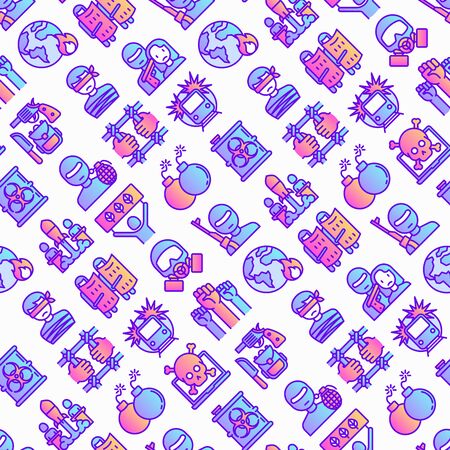 Stop terrorism seamless pattern with thin line icons: terrorist, civil disorder, national army, hostage, bombs, cyber attacks, suicide, bomber, illegal imprisonment, bioterrorism. Vector illustration.のイラスト素材