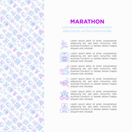 Marathon concept with thin line icons: runner, start, finish, running shoes, bottle of water, route, award, changing room, memory photo, donation, fan zone. Vector illustration, print media template.のイラスト素材