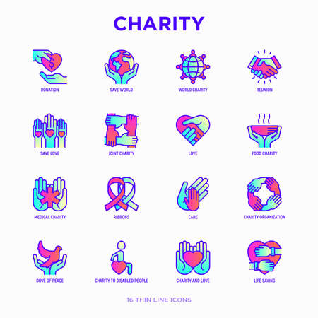 Charity thin line icons set: donation, save world, reunion, humanitarian aid, ribbon, medical support, charity to disabled people, life saving. Modern vector illustration.のイラスト素材