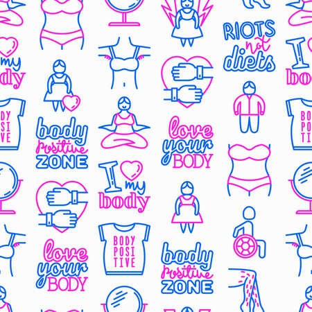 Body positive seamless pattern with thin line icons: woman plus size, yoga, bikini, armpit hair, legs hair, mirror, disability. Stickers with quotes. Modern vector illustration.のイラスト素材