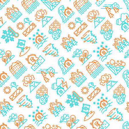 Disasters seamless pattern with thin line icons: earthquake, tsunami, tornado, hurricane, flood, landslide, drought, snowfall, eruption, thunderstorm, avalanche, meteorite. Vector illustration.のイラスト素材