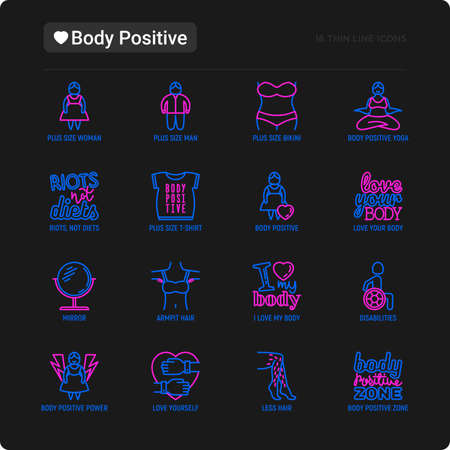 Body positive thin line icons set: woman plus size, yoga, bikini, armpit hair, legs hair, mirror, disability. Stickers with quotes. Modern vector illustration for black theme.のイラスト素材
