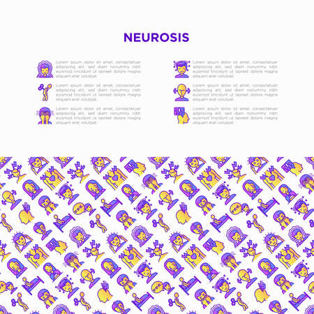 Neurosis concept with thin line icon: panic attack, headache, fatigue, insomnia, despair, phobia, mood instability, stuttering, psychalgia, dizziness. Vector illustration, print media template.のイラスト素材