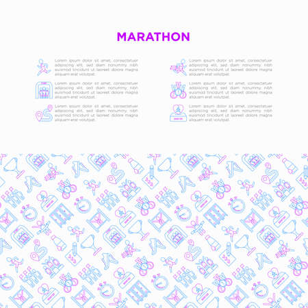 Marathon concept with thin line icons: runner, start, finish, running shoes, bottle of water, route, award, changing room, memory photo, donation, fan zone. Vector illustration, print media template.のイラスト素材