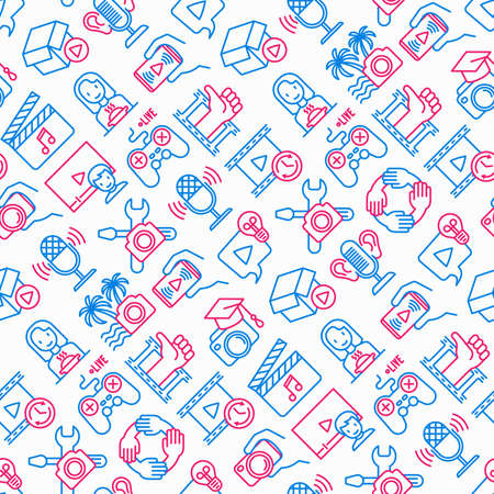Video blogging seamless pattern with thin line icons: vlog, ASMR, mukbang, unboxing, DIY, stream game, review, collaboration, podcast, tips and tricks. Modern vector illustration.のイラスト素材