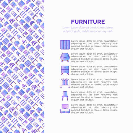 Furniture concept with thin line icons: dressing table, sofa, armchair, wardrobe, chair, table, bookcase, bad, clothes rack, desk. Elements of interior. Vector illustration, print media template.のイラスト素材