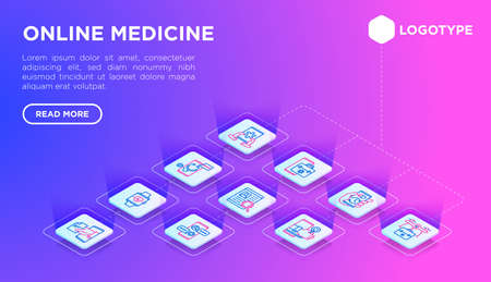 Online medicine web page template with thin line isometric icons: pill timer, ambulance online, medical drone, medical tracker, messenger, check symptoms, mobile consultant. Vector illustration.のイラスト素材
