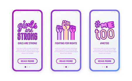 Feminism thin line icons set: fighting for rights, me too, girls are strong. Modern vector illustration for user mobile interface.のイラスト素材